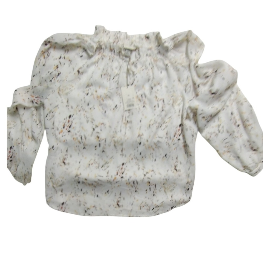 A New Day NWT Ruffle‎ Smocked Neck Blouse XL White Abstract Confetti Print